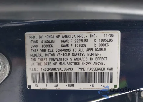 2006 Honda Accord 2.4 Ex z USA, uszkodzony, nr VIN 1HGCM56876A036493